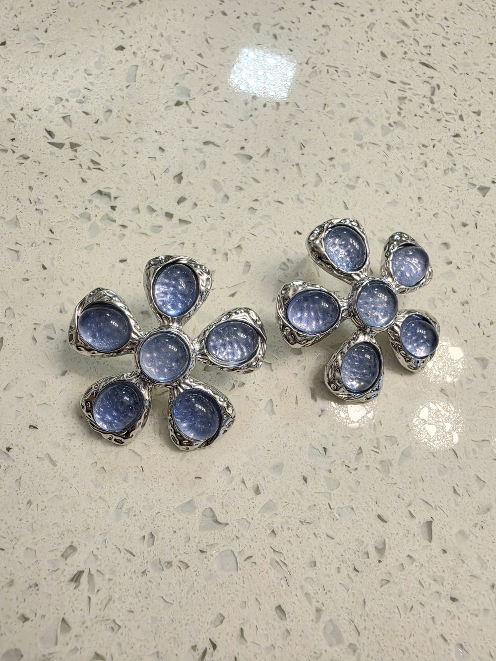 Silver Floral Clip-On Earrings with Lavender Blue Cabochons